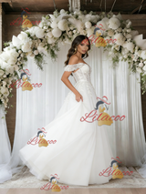 White Tulle Off the Shoulder Appliques Wedding Dress