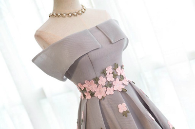 Gray Off the Shoulder Flower Prom Dress