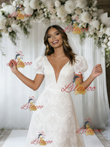 White Lace Puff Sleeve Wedding Dress