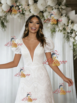 White Lace Puff Sleeve Wedding Dress