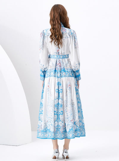 Palace Single-breasted Lantern Sleeve Printed Dress