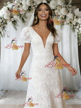 White Lace Puff Sleeve Wedding Dress