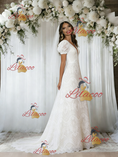 White Lace Puff Sleeve Wedding Dress