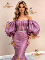 Purple Mermaid Sequins Puff Sleeve Prom Dress