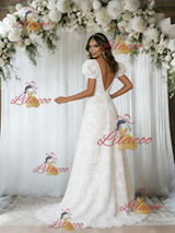White Lace Puff Sleeve Wedding Dress