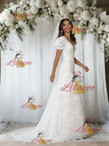 White Lace Puff Sleeve Wedding Dress