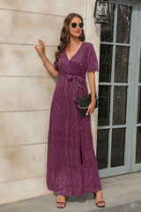 V-neck High Waist Split Short Sleeve Dress