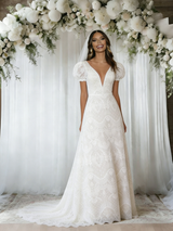 White Lace Puff Sleeve Wedding Dress