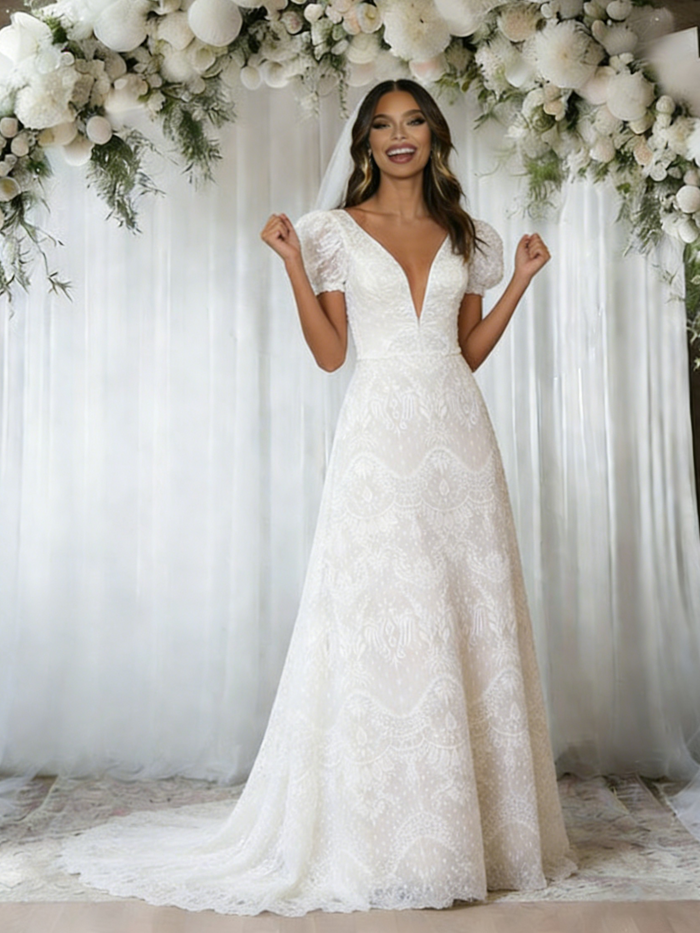 White Lace Puff Sleeve Wedding Dress
