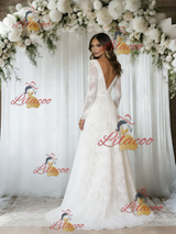 White Lace Long Sleeve V-neck Wedding Dress