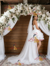 White Tulle Hi Lo Spaghetti Straps Wedding Dress