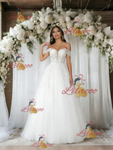 White Tulle Off the Shoulder Appliques Wedding Dress