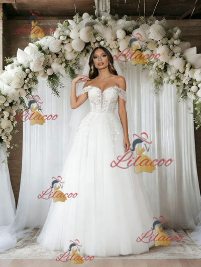 White Tulle Off the Shoulder Appliques Wedding Dress