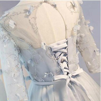 Gray Tulle Short Sleeve 3D Flower Homecoming Dress