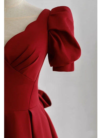 Burgundy Puff Sleeve Pleats Prom Dress