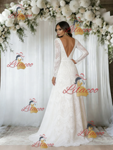 White Lace Long Sleeve V-neck Wedding Dress