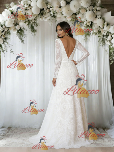 White Lace Long Sleeve V-neck Wedding Dress