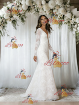 White Lace Long Sleeve V-neck Wedding Dress
