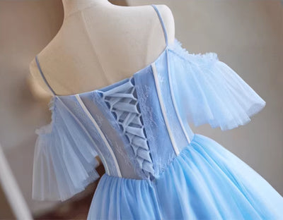 Blue Tulle Lace Pleats Homecoming Dress