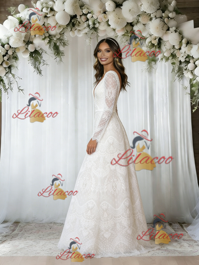 White Lace Long Sleeve V-neck Wedding Dress