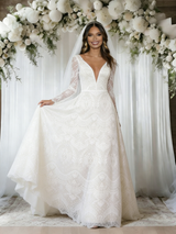 White Lace Long Sleeve V-neck Wedding Dress