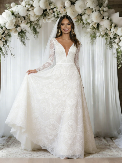 White Lace Long Sleeve V-neck Wedding Dress