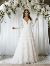 White Lace Long Sleeve V-neck Wedding Dress