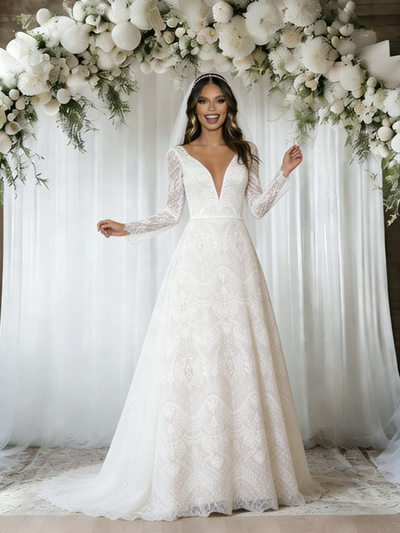 White Lace Long Sleeve V-neck Wedding Dress
