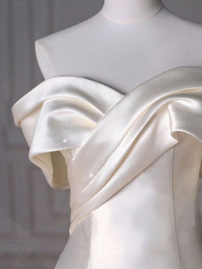Ivory Satin Off the Shoulder Pleats Wedding Dress