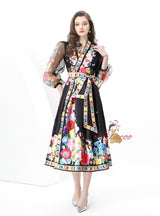 Vintage V-neck Gauze Lantern Sleeve Printed Dress