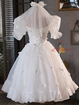 White Tulle Puff Sleeve 3D Flower Wedding Dress