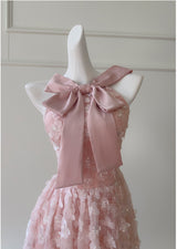 Pink Tulle 3D Flower Straps Bow Prom Dress