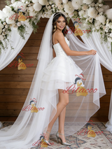 White Tulle Hi Lo Spaghetti Straps Wedding Dress