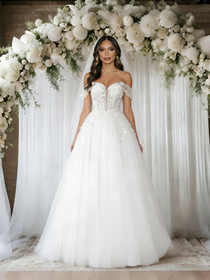 White Tulle Off the Shoulder Appliques Wedding Dress