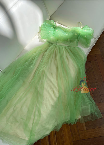Green Tulle Pleats Flower Prom Dress