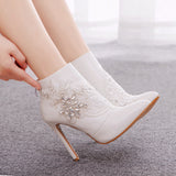 Thin-heeled Pointed Lace Rhinestone Boots