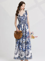 Retro Porcelain Backless Chiffon V-neck Dress