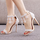 White Fringed Lace Stiletto Sandals Wedding Shoes