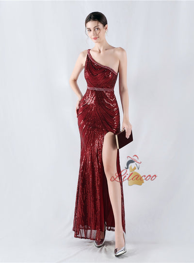 One Shoulder Sequins Beading Prom Dress