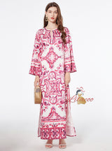 Retro Printed Round Neck Loose Flared Sleeves Dress