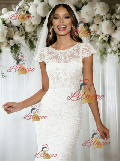 White Mermaid Lace Cap Sleeve Wedding Dress