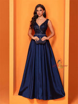 Dark Blue V-neck Satin Prom Dress