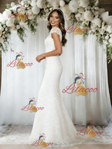 White Mermaid Lace Cap Sleeve Wedding Dress