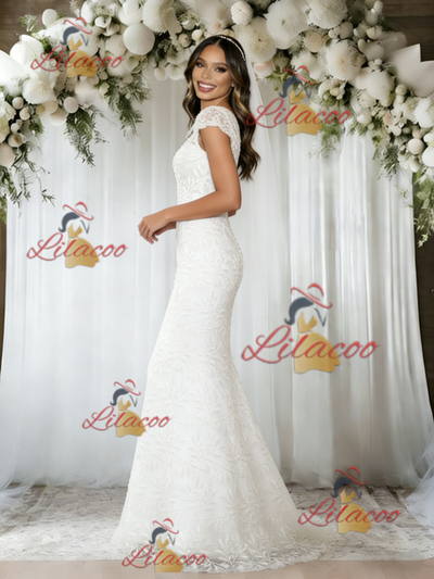 White Mermaid Lace Cap Sleeve Wedding Dress