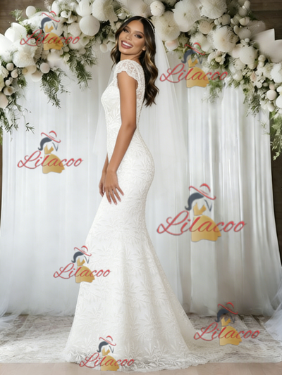 White Mermaid Lace Cap Sleeve Wedding Dress