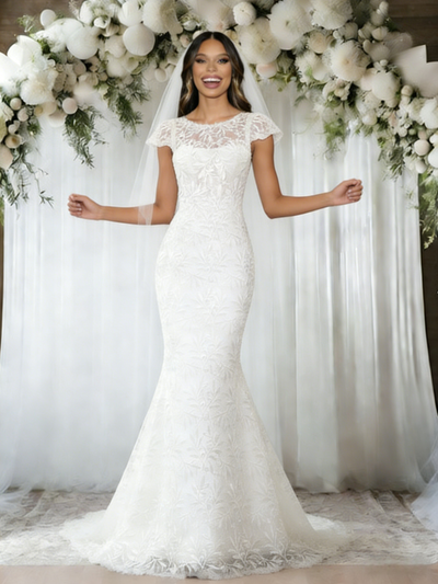 White Mermaid Lace Cap Sleeve Wedding Dress