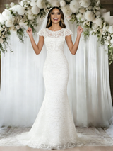 White Mermaid Lace Cap Sleeve Wedding Dress