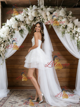 White Tulle Hi Lo Spaghetti Straps Wedding Dress