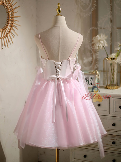 Pink Spaghetti Straps Pearls Homecoming Dress