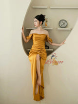 Yellow Satin Strapless Pleats Prom Dress